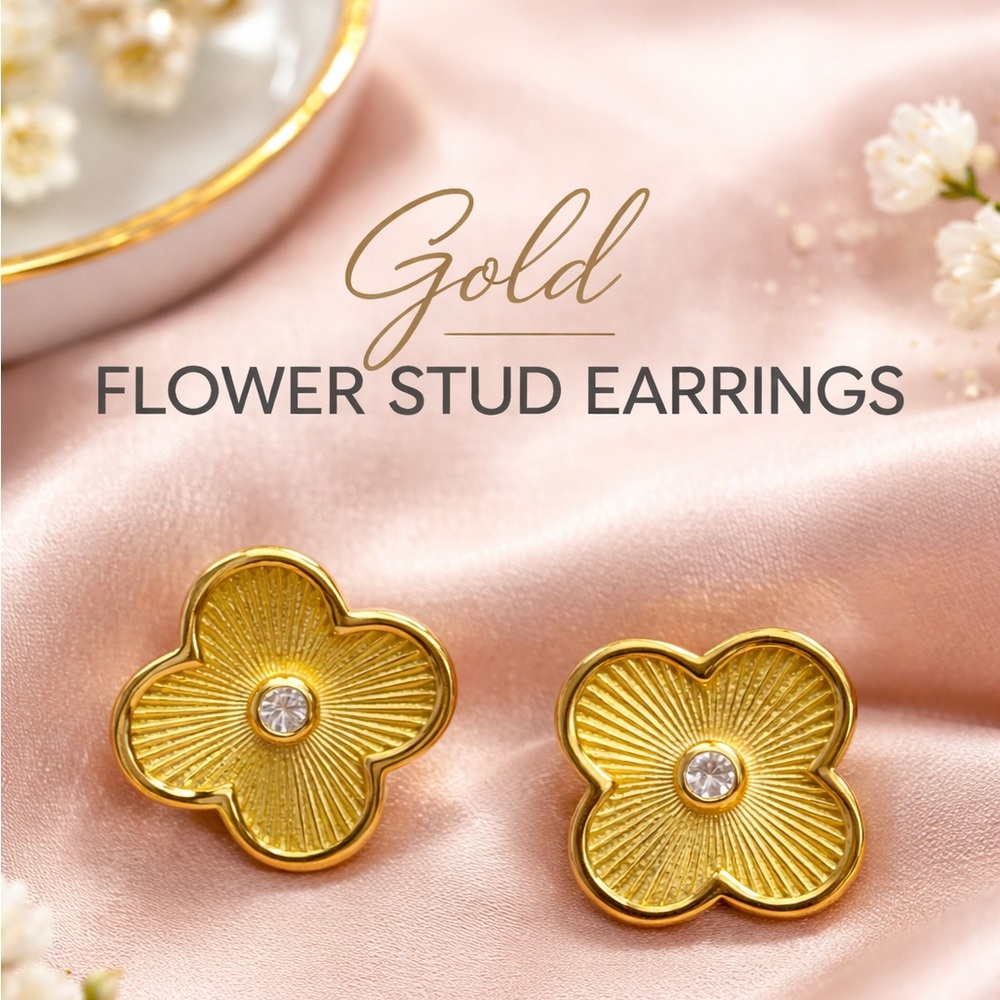 Gold Plated Sterling Silver Vintage Clover Stud Earrings CZ